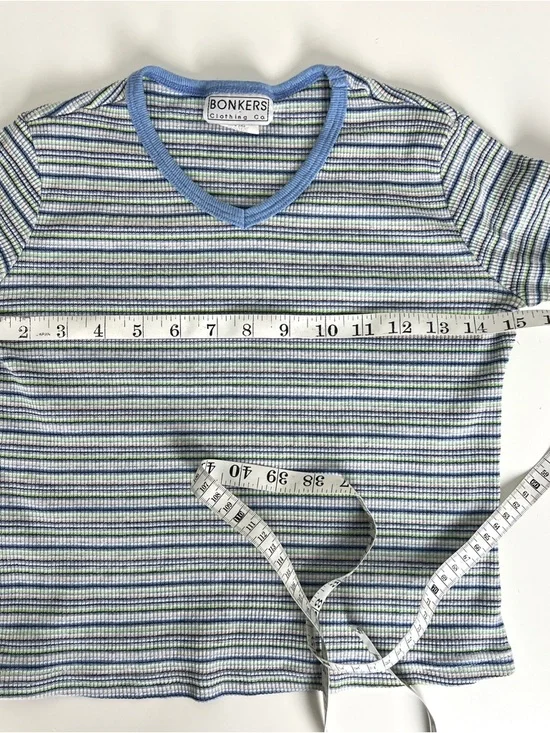 Vintage Y2K Blue and White Striped Crop Top 2000s Ribbed Knit Cropped Baby Tee - Picture 4 of 5